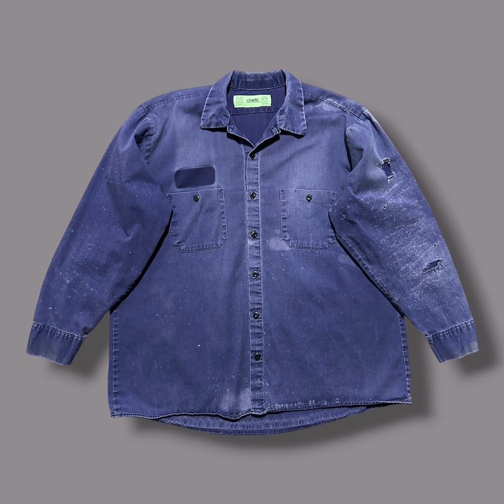 Vintage Thrashed Shirt Sun Faded Blue Long Sleeve Button Up Workwear 90s L/XL